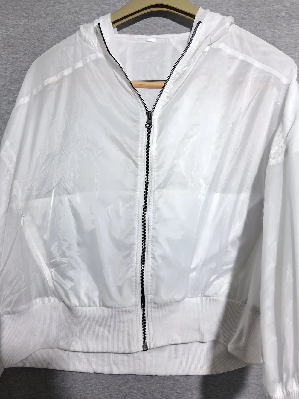 Alo White Hooded Bomber Jacket with Black Contrast Zip
